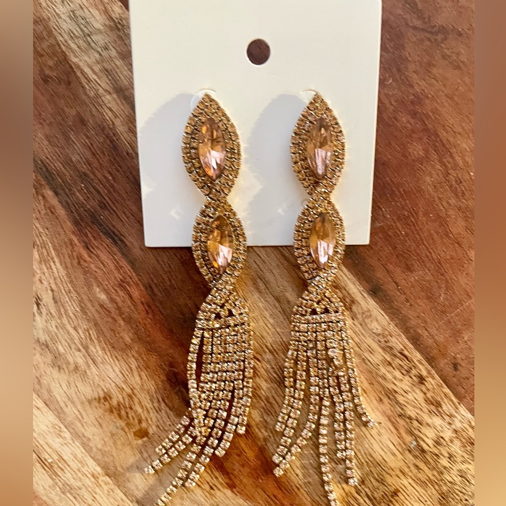 Brown Rose Gold Rhinestone Tassel Earrings